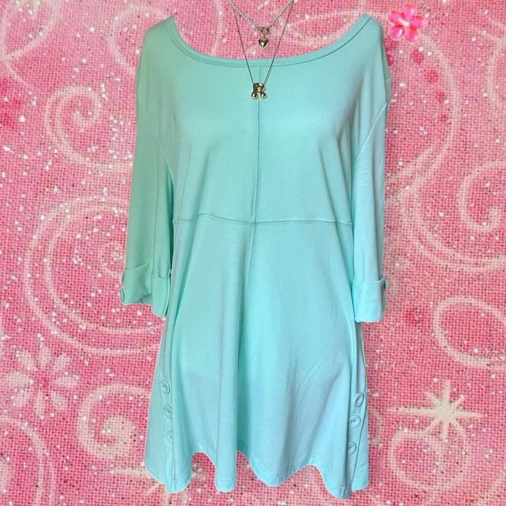 Y2K Bright Teal Simply Noelle Button Tunic Dress Long Top Mini Dress Boho Tunic